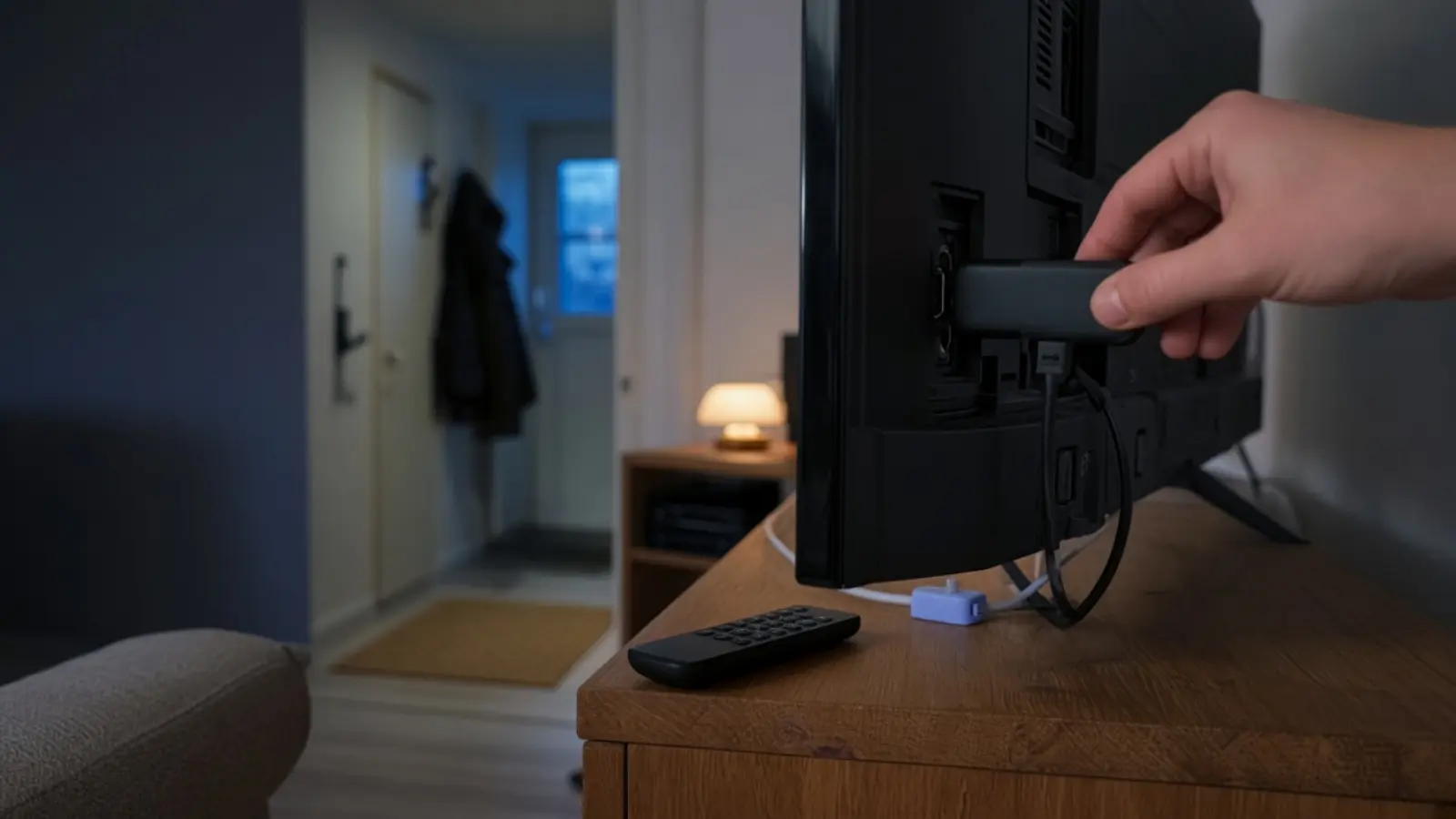 Eine Hand steckt hinten am Fernseher einen kleinen Streaming-Stick in den Anschluss