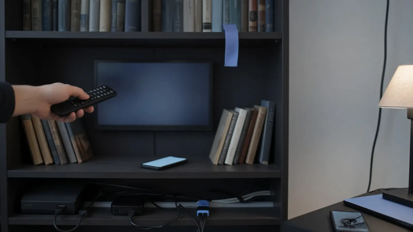 Eine Hand hält am Rand eines hohen Bücherregals eine Fernbedienung, daneben liegt ein Handy