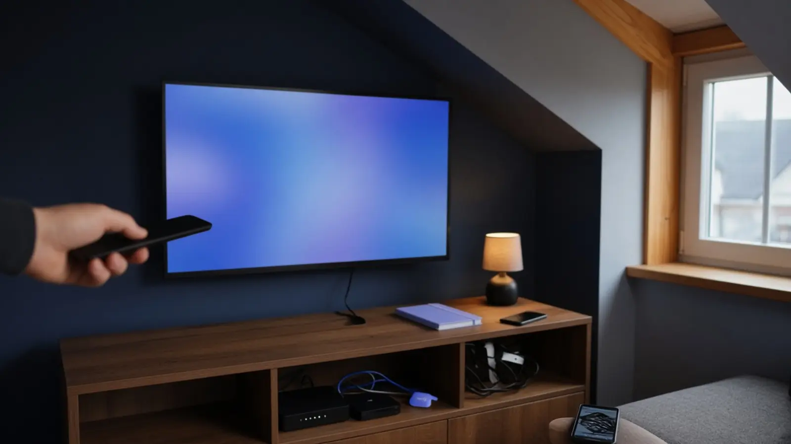 Eine Hand richtet abends eine schlichte Fernbedienung auf den Fernseher unter der Dachschräge