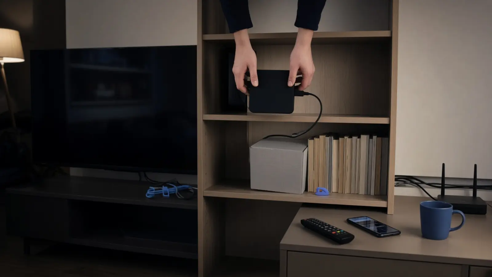Zwei Hände stellen einen kleinen Zuspieler in ein Regalfach neben dem dunklen Fernseher, ein kurzes Kabel liegt schon bereit