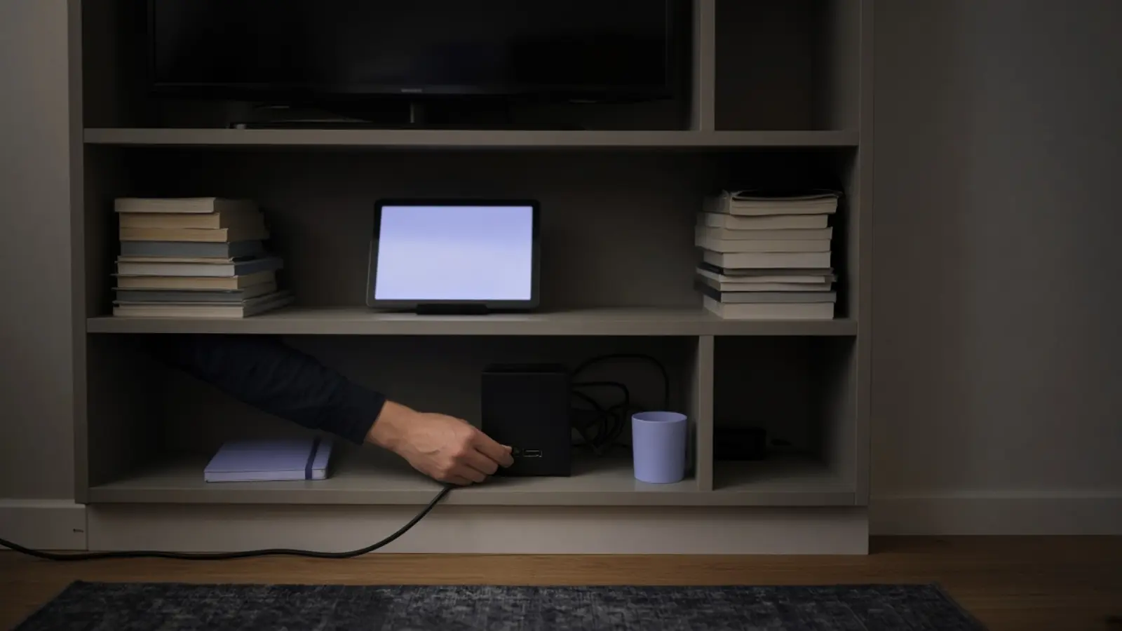 Eine Hand steckt im dunklen Zimmer ein Netzwerkkabel in einen kleinen Rechner im untersten Regalfach