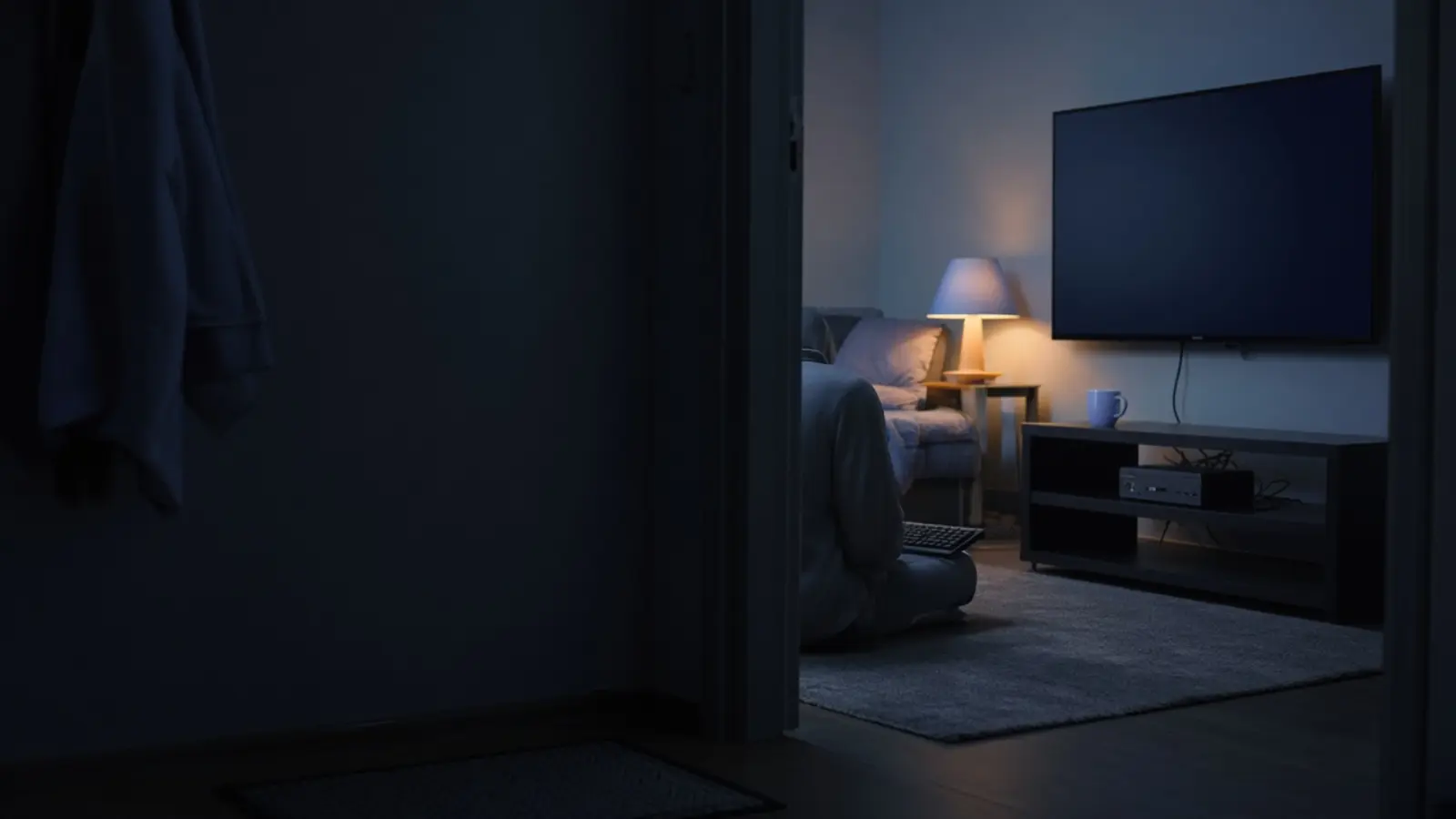 Blick vom dunklen Flur durch die offene Tür ins Wohnzimmer