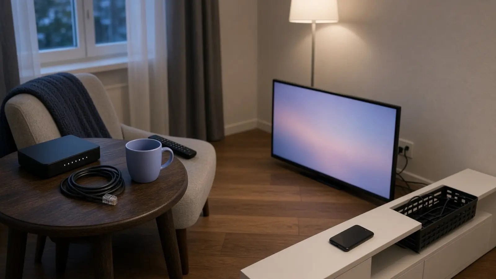 Neben dem Sessel am Fenster liegen Router, Netzwerkkabel und Fernbedienung bereit