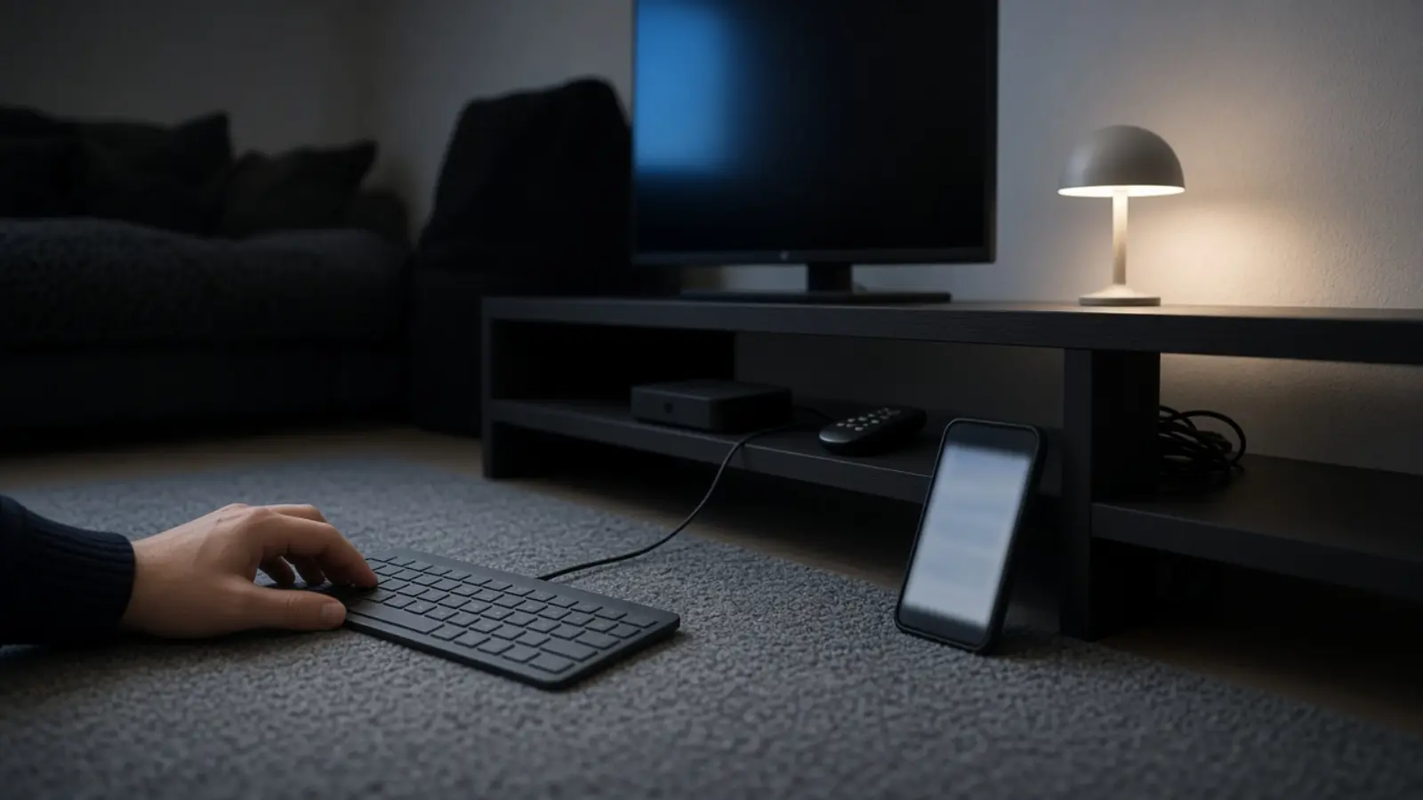 Eine Hand legt abends im dunklen Wohnzimmer eine flache Tastatur auf den Teppich vor dem Fernsehschrank