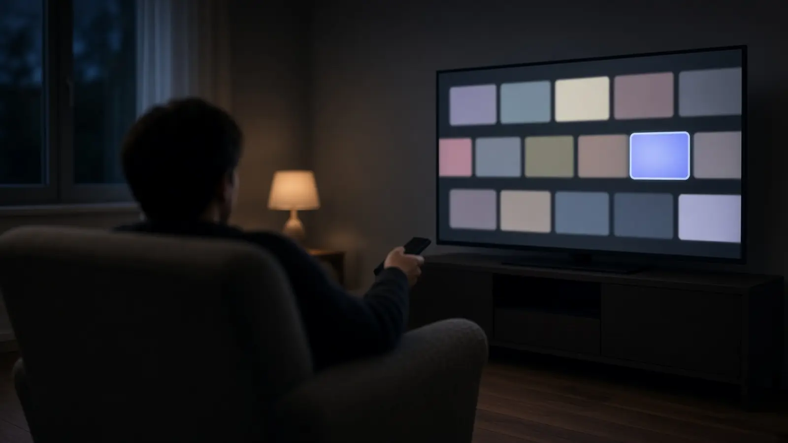 Jemand sitzt abends im Sessel, richtet die Fernbedienung auf den schräg stehenden Fernseher und sortiert die unscharfen