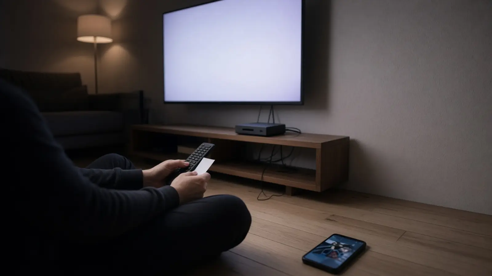 Jemand sitzt abends auf den Dielen vor dem Fernseher