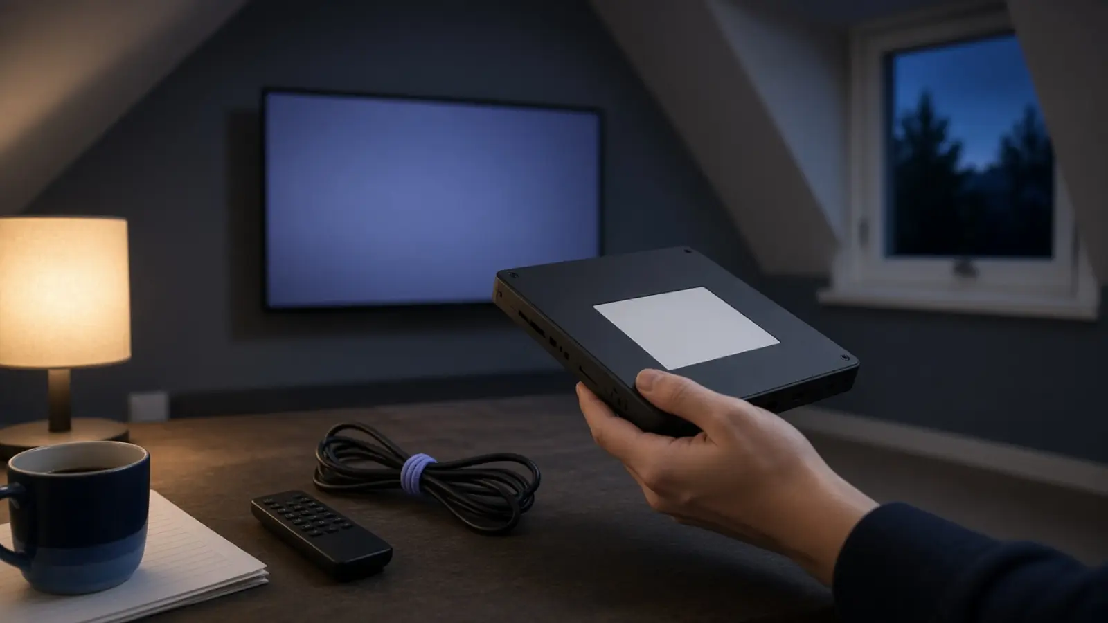 Eine Hand kippt eine flache Set-Top-Box auf dem Wohnzimmertisch
