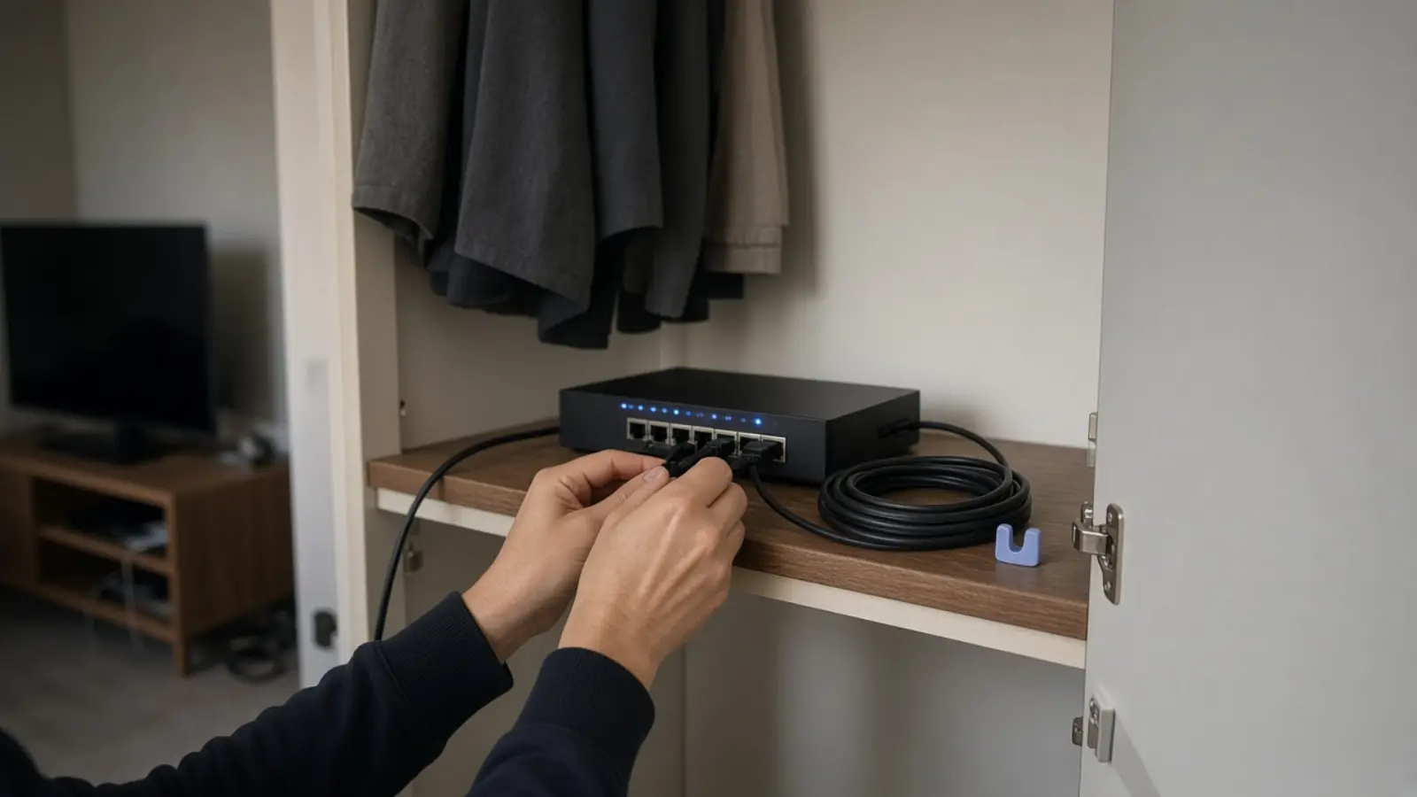 Zwei Hände stecken im offenen Flurschrank ein Netzwerkkabel in den Router, dessen Leitung weiter ins dunkle Wohnzimmer führt