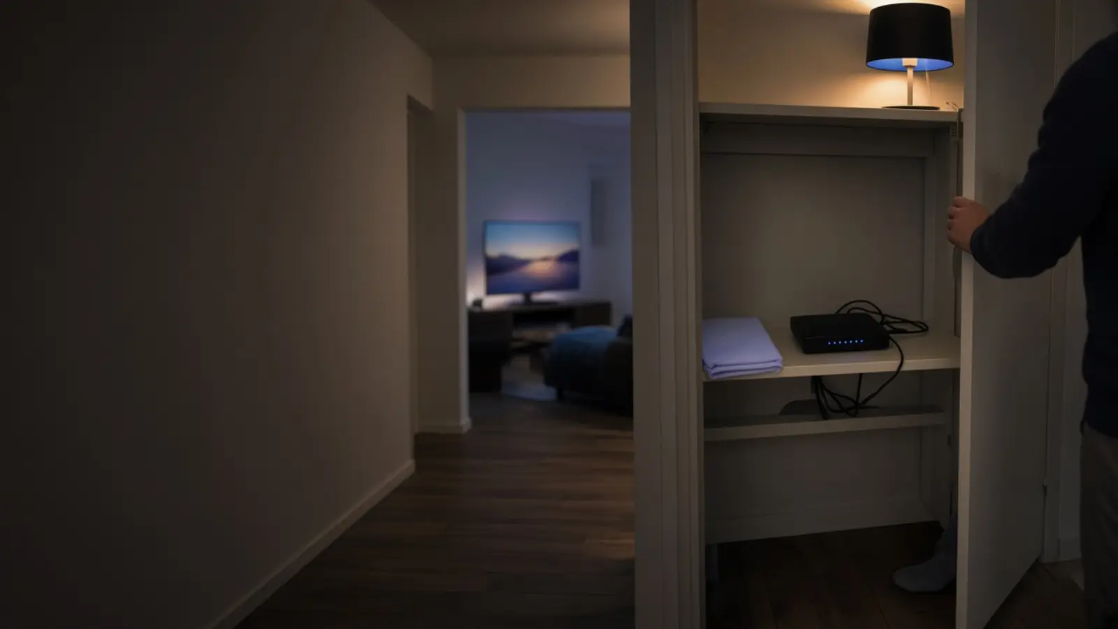 Offene Flurschranktür mit dem Router auf dem Regalbrett, dahinter durch die Zimmertür ein Fernseher mit ruhigem Bild am Abend